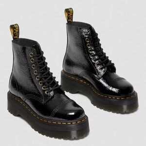 DR. MARTENS SINCLAIR DISTRESSED PATENT LEATHER PLATFORM BOOTS